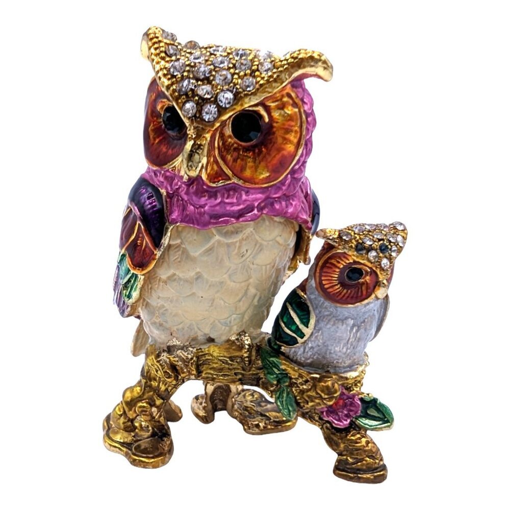 Wise Owl & Chick Bejeweled Enamel Trinket Box Faberge